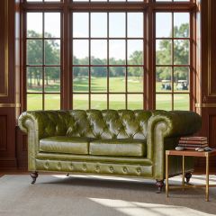 Button Tufted Green Leather Loveseat | FREE SHIPPING