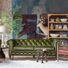 Button Tufted Green Leather Sofa | FREE SHIPPING