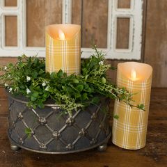 Moving Flame Mustard Plaid Pillar Candle