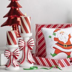 Red and White Stripe Bow Candle Holders Set of 2