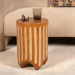 Hand Carved Vertical Striped Wood Side Table Walnut