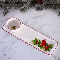 Cardinal and Holly Christmas Tray with Dip Bowl Set