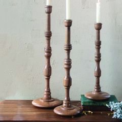 Carved Mango Wood Slender Candlestick Set of 2