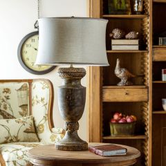 Carved Mango Wood Table Lamp With Linen Shade