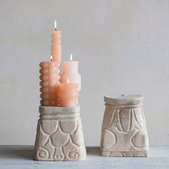 Carved Natural Wood Pedestal Stand Set of 2