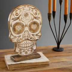 Carved Tabletop Skull on Wood Stand
