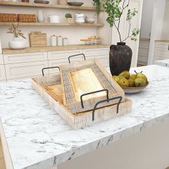 Carved Whitewash Wood Handled Trays Set of 2