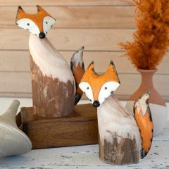 Carved Wood and Metal Fox Set of 2