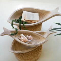 Carved Wood Fish Bowl Set of 3