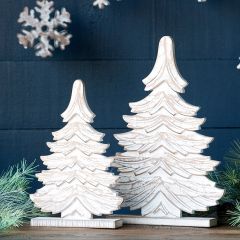 Carved Wood Spruce Tree Tabletop Decor Set of 2