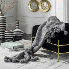 Knit Throw Blanket With Pom Pom Edge