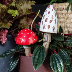 Ceramic White Mushroom Plant Stake Set of 2