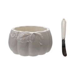 Ceramic Pumpkin Bowl with Canape Knife
