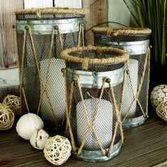 Wire Grid and Rope Trim Candle Holder Set of 3