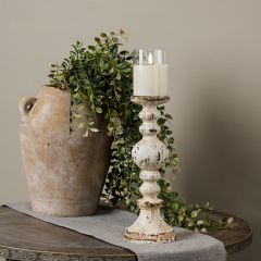 Chippy White Wood and Metal Pillar Candle Holder 12.5 Inch