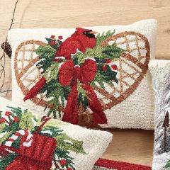 Christmas Cardinal Snowshoes Wool Hooked Accent Pillow