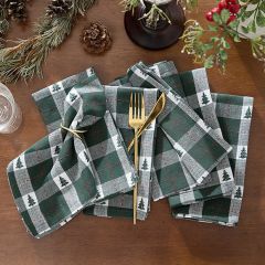 Christmas Green Plaid and Trees Cotton Napkin Set of 8