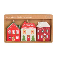 Christmas Village Paper Mache Ornament Set of 3