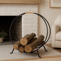 Circle Iron Log Holder With Leather Handle