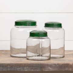 Clear Glass Storage Jar With Green Metal Lid Set of 3