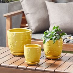 Contemporary Stoneware Planter With Saucer Set of 3