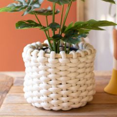 Cotton Rope Weaved Basket With Wood Trim