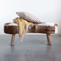 Cowhide Print Goat Fur Covered Bench
