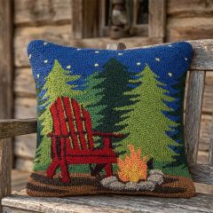 Cozy Campfire Scene Wool Hooked Accent Pillow