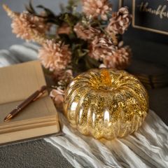 Crackle Glass Golden LED Pumpkin 5 Inch