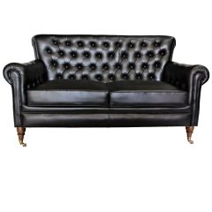 Dark Blue Tufted Leather Settee