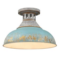 Aged Galvanized Steel With Antique Teal Shade Semi Flush Mount Ceiling Light