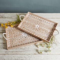 Debossed Floral Pattern Decorative Wood Tray Set of 2