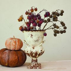 Distressed Cream Finish Metal Urn Vase