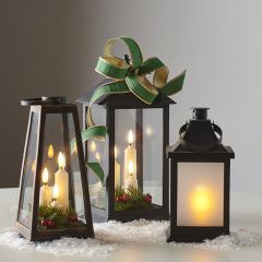Distressed Lantern with Candles and Faux Greenery