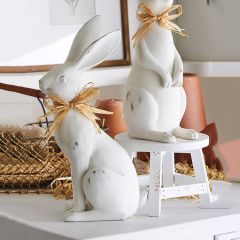 Distressed Rabbit With Raffia Bow Set of 2