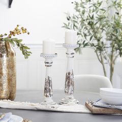 Distressed Turned Wood Pillar Candle Holder Set of 2