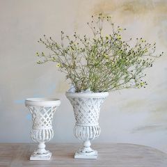 Distressed White Woven Metal Footed Urn