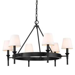 6 Light Ring Chandelier Matte Black With White Shade