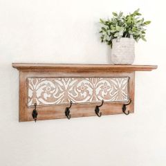 4 Hook Wood Wall Rack Shelf