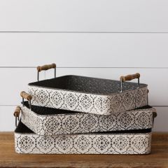 Embossed Metal Tray With Wood Handles Set of 3