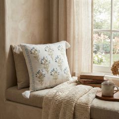 Embroidered Blue and White Floral Throw Pillow