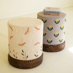Embroidered Garden Drum Stool with Carved Base