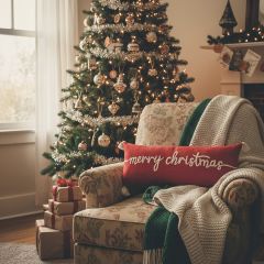 Embroidered Merry Christmas Lumbar Pillow with Tassels