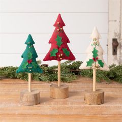 Embroidered Trees With Holly Leaves Set of 3