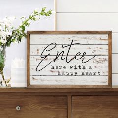 Enter Here With A Happy Heart Whitewash Framed Sign