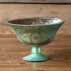 Etched French Blue Mercury Glass Compote Bowl 5.5 Inch