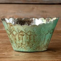 Etched French Blue Mercury Glass Scalloped Bowl