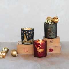 Etched Glass Holiday Votive Holders Set of 3