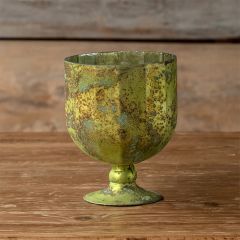 Etched Olive Green Mercury Glass Chalice 7 Inch