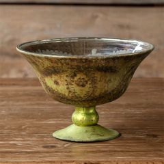 Etched Olive Green Mercury Glass Compote Bowl 5.5 Inch